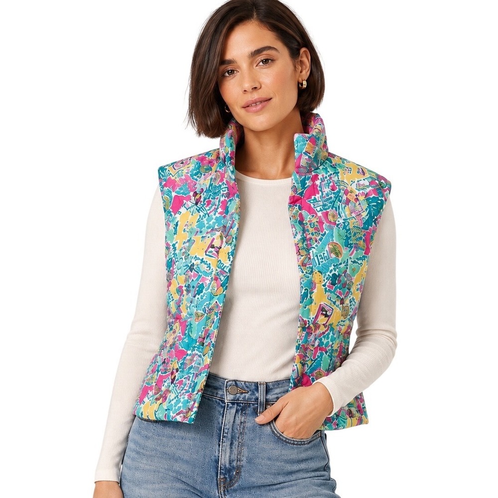 Lilly Pulitzer Down Puffer Vest XS Colorful Print Preppy Fall Layering